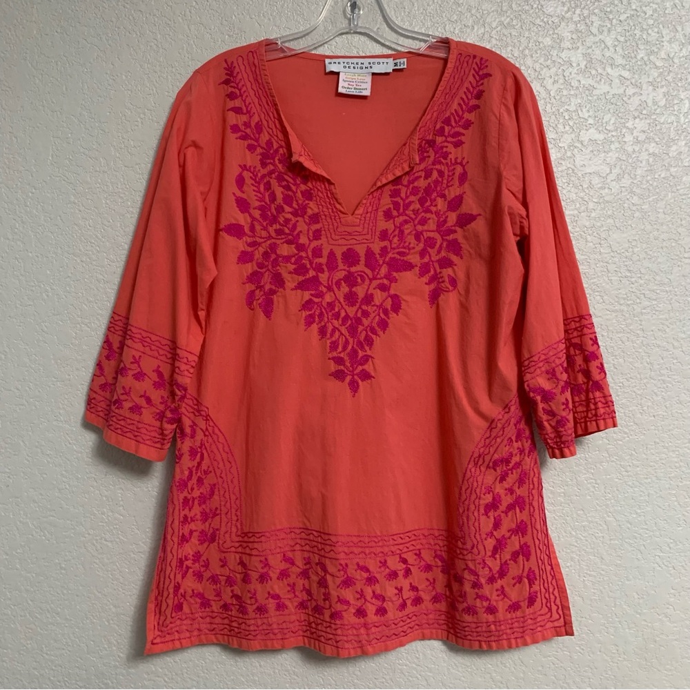 Gretchen Scott Embroidered Tunic Top Womens M Lightweight Boho Peasant Beach